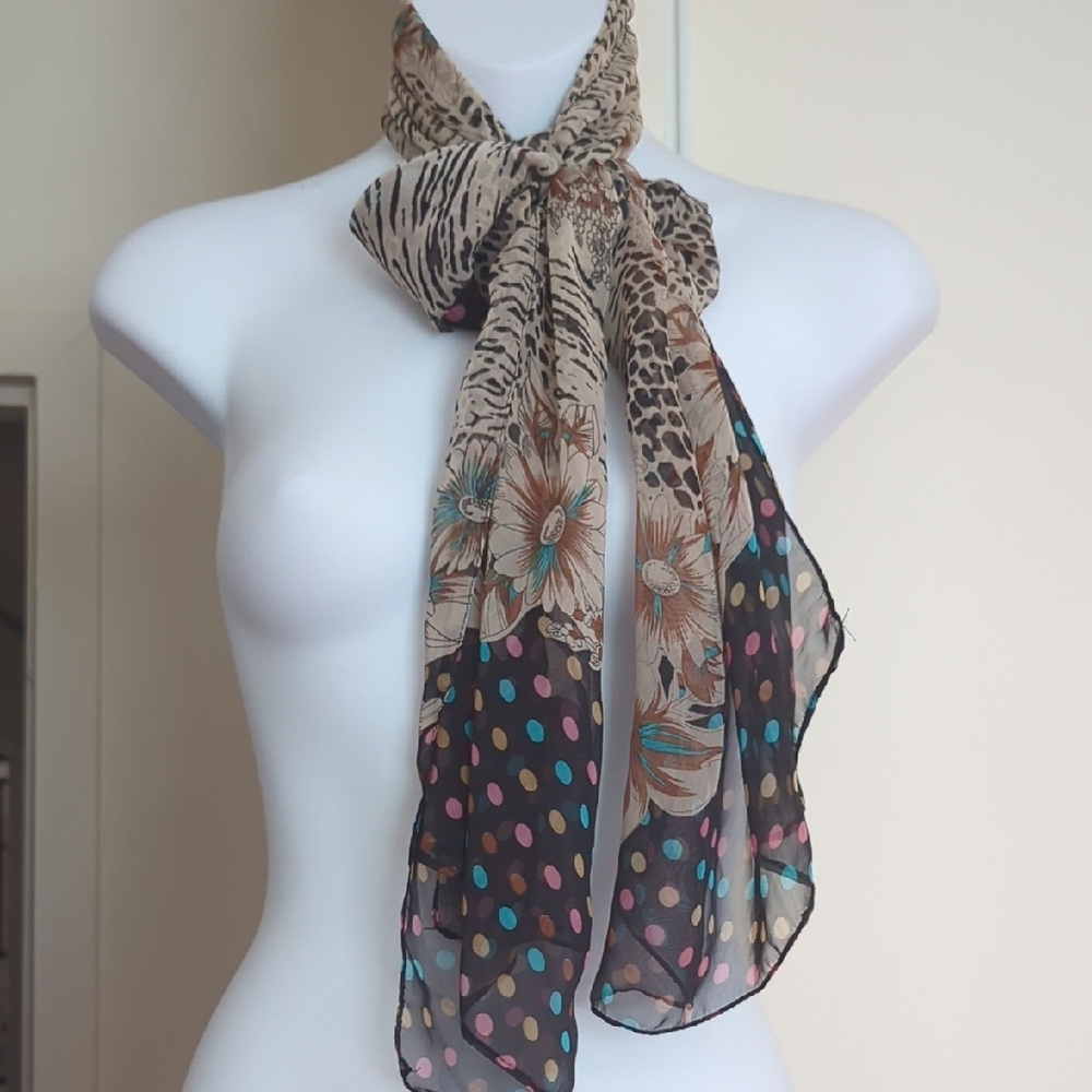 Vintage Cream and Black Scarf with Mixed Patterns